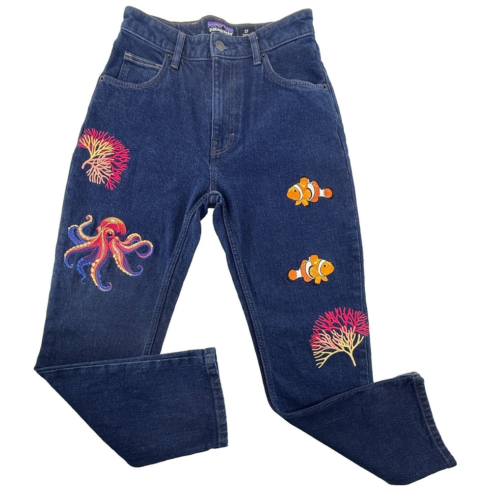 Patagonia Jeans Womens‎ 27 Blue Denim Custom Embroidered Ocean Fish Coral